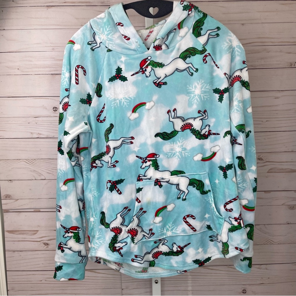 Women’s Christmas Unicorn LongSleeve Velvet Pajama Hooded Sweatshirt Size Medium